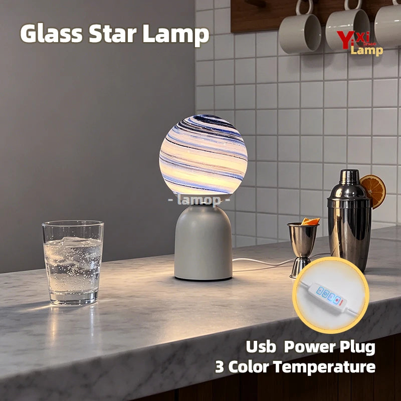 Nordic Milky Way Planet Glass Table Lamp USB Powered 3 Color Temperature Dimmable LED Bedside Desk Lamp Aesthetic Galaxy Sphere
